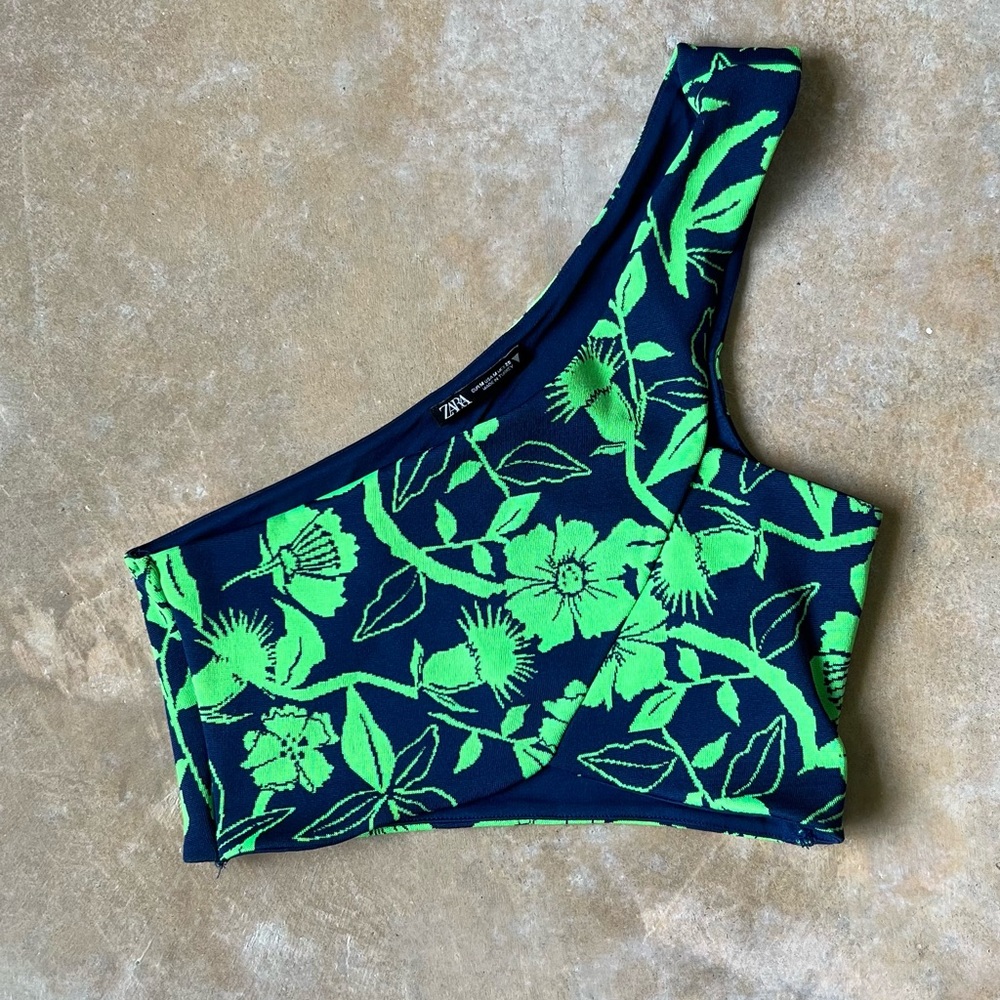 Zara Navy Top with Bright Green Floral Jacquard